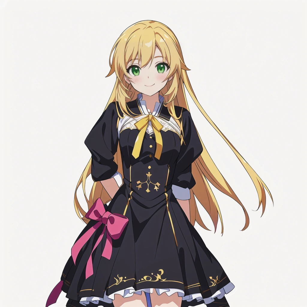 Highest quality, high resolution, High quality anime art style, Official Art, Smooth anime CG art, Stylized anime, Cute 3D anime girl render, Visual Novel Sprites, White background, whole body, Anime-style 3D, Smooth anime CG art, Humanoid Girl, JRPG Characters, Anime girl with long hair and black dress with ribbon, smile, Green Eyes, Golden Hair, Long Hair, Lori, Small Bust, Small breasts, 15 years old