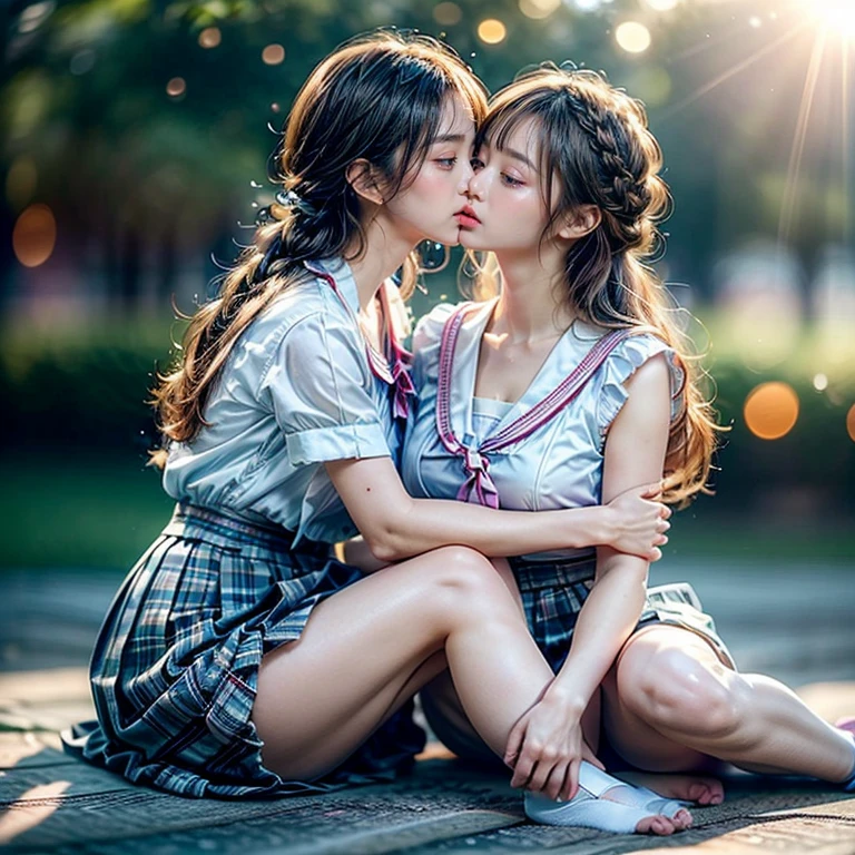 SFW, ((David Hamilton:1.37, White and vivid colors))、Extremely Detailed (Tiny Oppai-Loli Twins:1.37)、{(Dynamic-angle)|(from side)|(from back)|((from below:1.2))}、{(((Kissing face to face:1.41) Against the Nipples to Nipples Pressing hard))|(Standing Full Body:1.2)|Wide Shot}、{(Floating hair with Strong wind)|(Ass focus)|French Braid|bun}、8K best quality、((Masterpiece:1.2、Photo-realistic:1.4)), { kodachrome | realistic | photorealistic | RAW }  BREAK 
 ((Detailed KAWAII Face、Detailed Radiant PearlSkin) with Transparency)、Smooth shading、(SOFT focus BokeH)、Soft Lighting、((school uniform with white Thongs))、{Flowers|Flower wreath|smile|Joyful|Pleasuring|Different types of hair colors}、{(Light Particles:1.2)|(Lens Flare)|(Luminescent Particles:0.6)}、{Forest Lakeside|Lakeside Cottage|Before dawn|magic hour|morning glow|foggy|Haze|Colored Horizon}、{ Whole Body proportions and all limbs are anatomically accurate | no extra limbs | hidden hands | Corrected Like hand } . PUNIPUNI