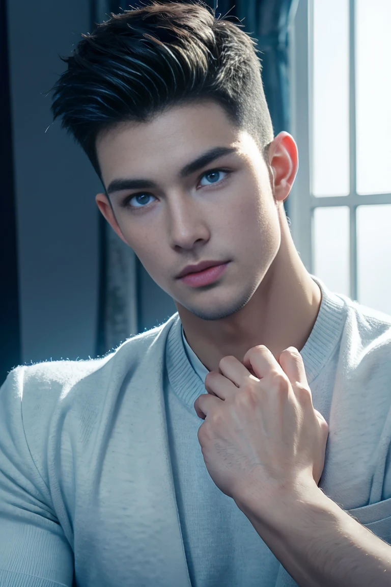 Ultra wide angle,((masterpiece)),((best quality)),8K,High Detail,Very detailed, (2 handsome muscular boys),Very manly,blue eyes,Stylish short hair,Vivid male image, Fashion pose, masculine expression,Real skin texture, Perfect hand details,Light,
Royal blue style couple,White male model photos