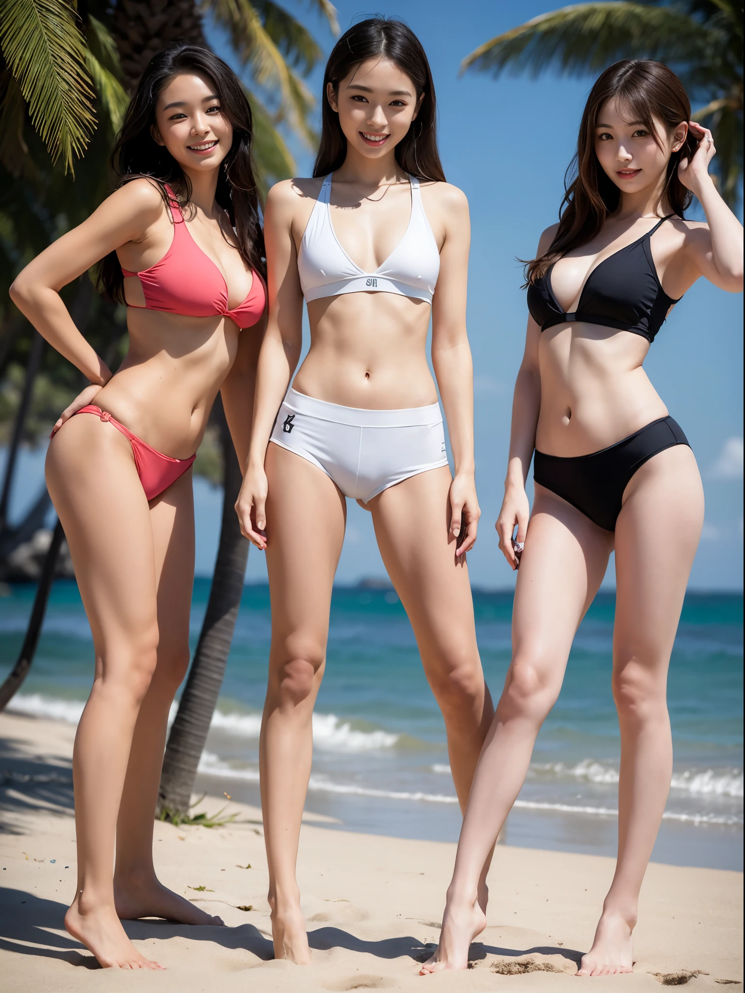 At the Beach，(Photorealistic)Beautiful woman, (8K Beautiful Full Body Portrait), （Three people stood up, Smile happily，Perfect facial details, Attractive beautiful face, double eyelid, Beautiful attention to detail, Long eyelashes）, (smile: 1.15), Light Brown Hair, Shortcuts, Tokyo, Young 17-year-old,Three Women, Huge , Tight waist, Beautiful slim legs, Wide asoulding for Yoga Sportswear（Not exposed，No light），Yoga Shorts Sculpture，Long legs，Delicate fingers。