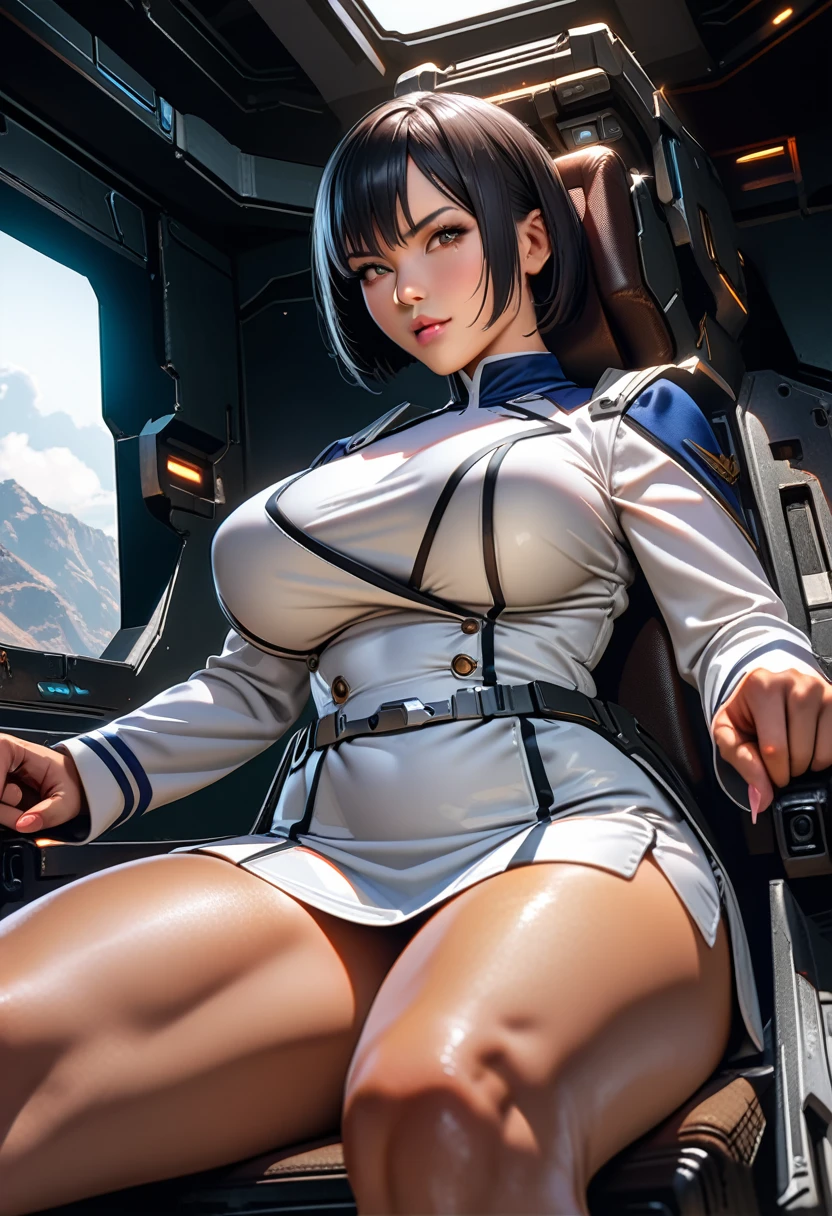 mature female,perfect hands, perfect finger,perfect anatomy, masterpiece, best quality,realistic, hyperrealistic, 16k hdr,  pbNaomi, tan,blue and white uniform, long sleeves, white ultra miniskirt, large breasts, black thighhighs,(dark blue hair, bobcut)  ,gorgeous panty,gundamwingcockpit