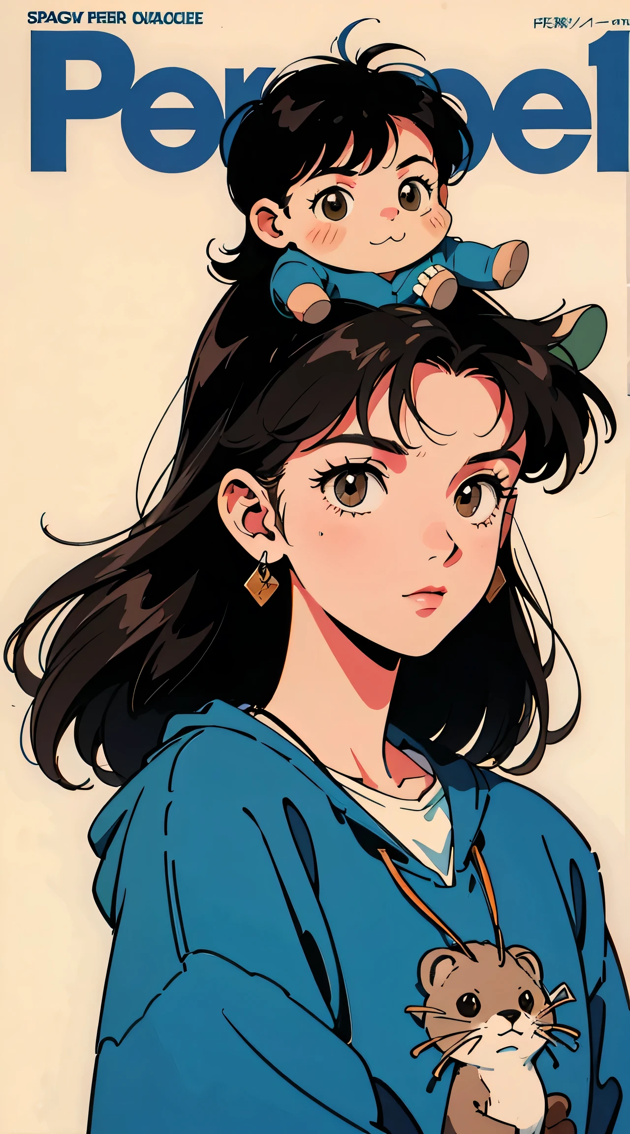 Best image quality, 1980s style animation, 21 year old girl, black hair, long hair, light brown eyes, With a baggy sweatshirt, white background, magazine cover, whole body , By the creek , posing, With a cute otter doll