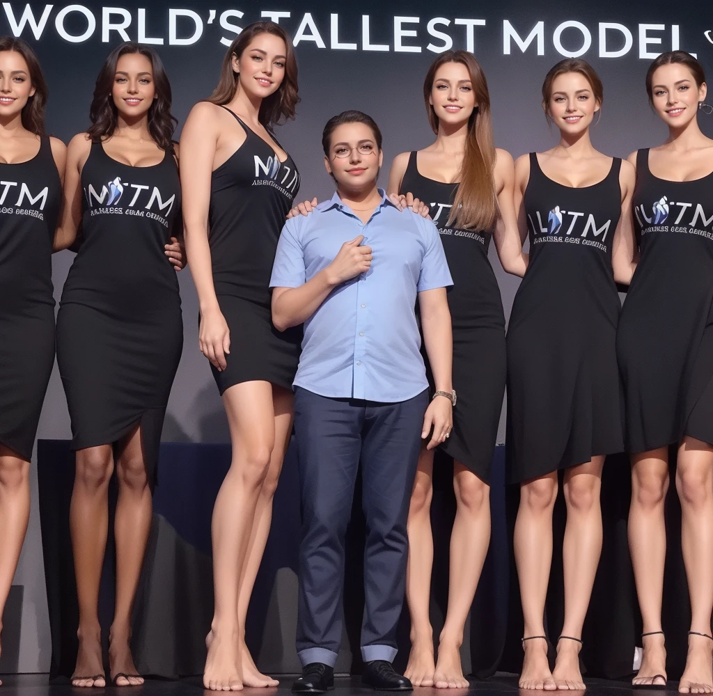Three tall girls on the lfe left, three tall girls in the right, short man in the middle, the girls are much taller than the man, girls have big and cleavage, girls are wearing black, man is wearing blue shirt, girls are standing barefoot, man is wearing shoes,