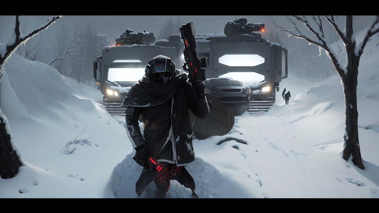 A man with a gun is walking along a snowy street, Winter-conceptual art, conceptual art für ein Videospiel, conceptual art, Science-Fiction-Kunst!!!!!!!, Scifi-Illustration, fan art, inspired by Victor Mosquera, Illustration concept art, digital science fiction painting, Moderne conceptual art, preisgekrönte conceptual art, stefan koidl inspired, conceptual artillustration