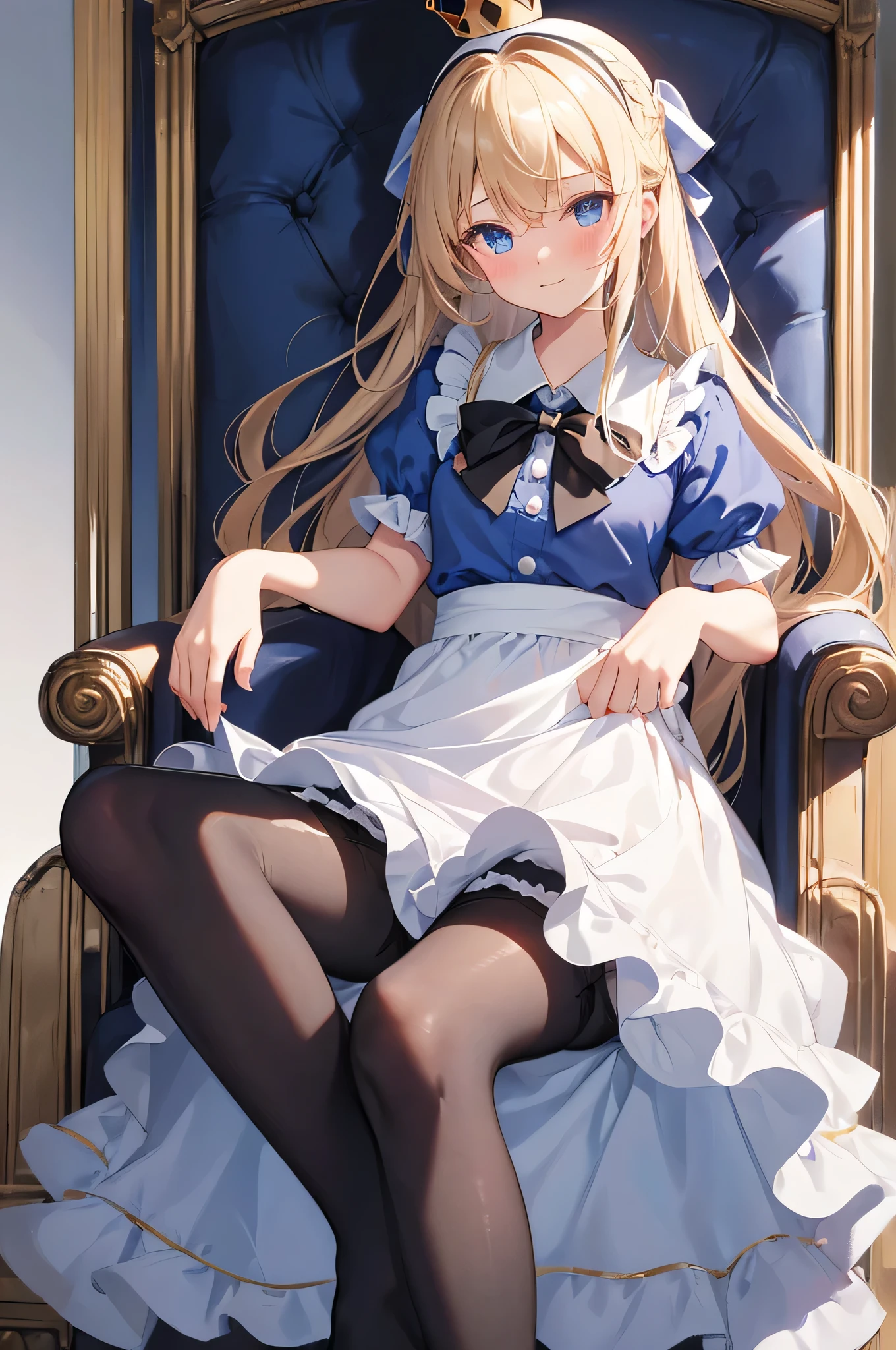 One girl, alone, Long Hair, blue eyes, Blonde, Crown, Sitting, pantyhose, dress, bow, card, apron, hair band, playing card, View your viewers, Short sleeve, hair bow, blue hair band, smile, blush, put your hand on your face, blue dress, Alice (Alice in wonderland), Hair between the eyes, Chair, black pantyhose, blue bow, Throne, Puffy sleeves, Put your hand on your cheek, bangs, puffy Short sleeve, ribbon, very Long Hair, mini Crown, The legs are off the frame, Frills, white apron, :q, masterpiece, Highest quality, (((Lift up your skirt, White panties, Camel Toe))),