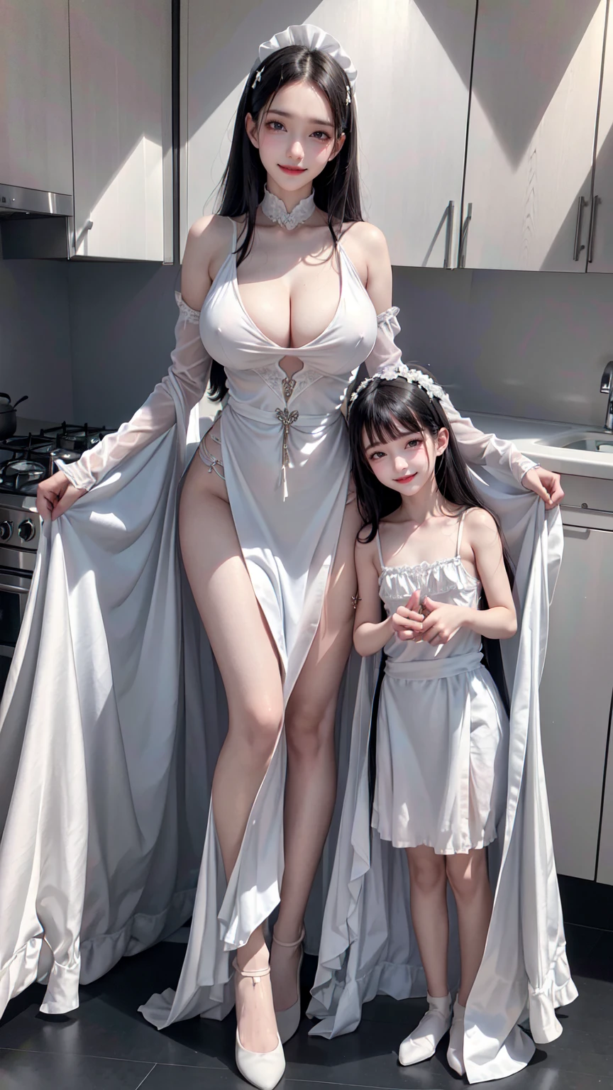see through clothes(Full body female love:1.3)，best quality, masterpiece, ultra high resolution, (lifelike:1.4), original photo, 1 female,30 years old， black hair, big eyes, Detailed eyes and face,????????????，split，long legs，Belted robe open ，???? shoulder，????????????:1.5,see through clothes，Hollow material white clothes，kitchen:1.3，Smile、sleeveless costume、((Maid clothes))、((She is carrying her 10 years old daughter))、Extremely revealing clothing、A young but ???????? attractive daughter
