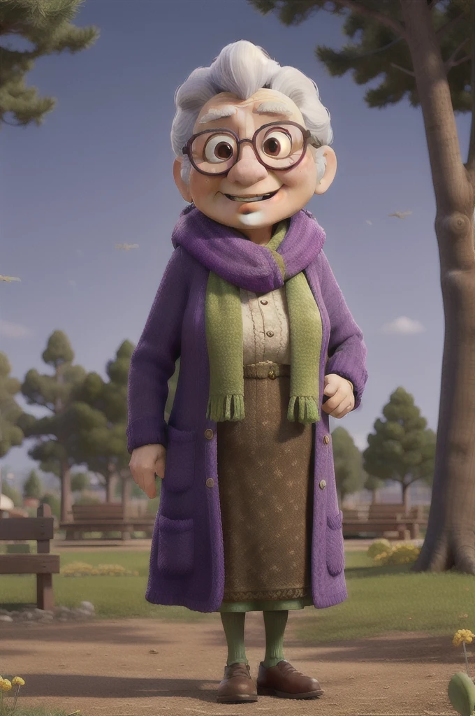 masterpiece, best quality, an old woman with glasses and a scarf on, wearing a purple coat and green scarf, standing at the park