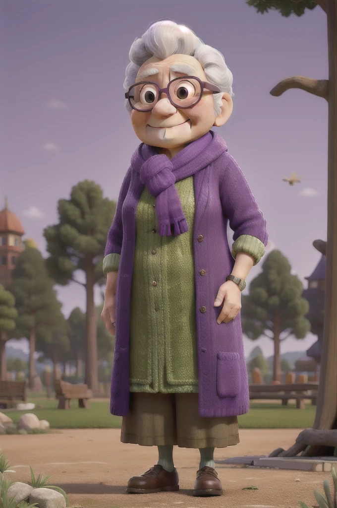 masterpiece, best quality, an old woman with glasses and a scarf on, wearing a purple coat and green scarf, standing at the park