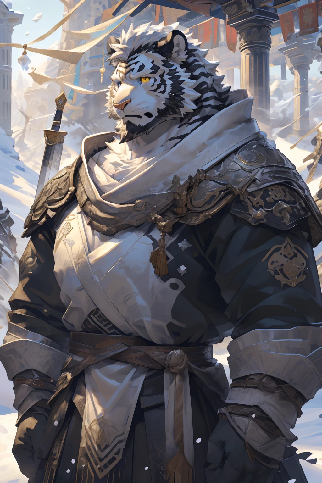 (White skintiger),(黑白阴阳Military commander战袍),(Holding a long sword),(Awesome posture:1.3),Standing quietly in,(The background is a city covered with ice and snow:1.5),(Abdominal muscles),Heroic飒爽,完美的masterpiece,Various facial details,Close-up view,specific description,masterpiece,(cg),(Golden Eyes),Black and white pattern,Black and white tail,Military commander,Heroic,tiger,Black and white fur，Detailed facial details,Half Body,(黑白阴阳Military commander战履),(Long feather),((middle aged)),(Face Focus),(16K),(HD),Black and white abdomen，temple，beard,(Face lines),(Heterochromia,),(Black and white yin and yang battle robe),(Black and white hair),(Strong:1.2),(muscle:1.3),(high resolution:1.3),(Standing in front of a city covered in snow),(Close up),(Detailed face:1.5)，Perfect details,(Half Body),(Detailed depiction of the face:1.5),(Zoom in on the face:1.5),(白色Face lines:1.2),(黑色beard:1.3),(White face:1.6),(White body),(White skin,black strips:1.3),(White cheeks:1.5),(The skin color of the face is white:1.3),cg