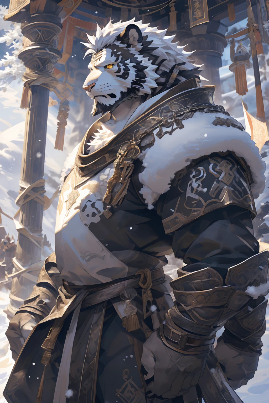 (White skintiger),(黑白阴阳Military commander战袍),(Holding a long sword),(Awesome posture:1.3),Standing quietly in,(The background is a city covered with ice and snow:1.5),(Abdominal muscles),Heroic飒爽,完美的masterpiece,Various facial details,Close-up view,specific description,masterpiece,(cg),(Golden Eyes),Black and white pattern,Black and white tail,Military commander,Heroic,tiger,Black and white fur，Detailed facial details,Half Body,(黑白阴阳Military commander战履),(Long feather),((middle aged)),(Face Focus),(16K),(HD),Black and white abdomen，temple，beard,(Face lines),(Heterochromia,),(Black and white yin and yang battle robe),(Black and white hair),(Strong:1.2),(muscle:1.3),(high resolution:1.3),(Standing in front of a city covered in snow),(Close up),(Detailed face:1.5)，Perfect details,(Half Body),(Detailed depiction of the face:1.5),(Zoom in on the face:1.5),(白色Face lines:1.2),(黑色beard:1.3),(White face:1.6),(White body),(White skin,black strips:1.3),(White cheeks:1.5),(The skin color of the face is white:1.3),cg