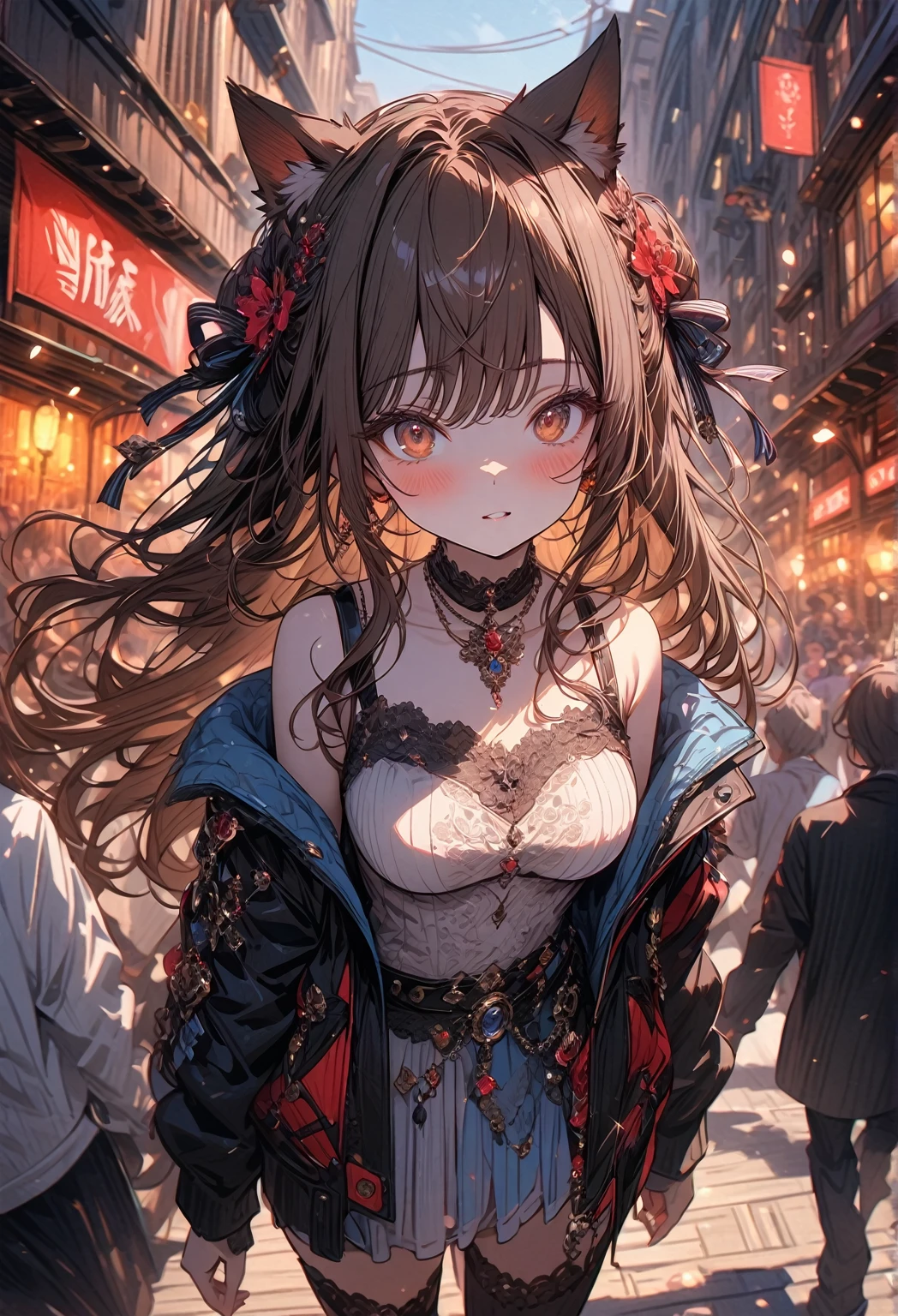 ((masterpiece:0), best quality, very aesthetic, newest, absurdres, detailed, high quality)
BREAK
highest quality, top quality, details, highres, ultra fine painting, digital art, official art, cinematic, 4k, 8k resolution, 8K CG wallpaper, CG, original artwork, detailed background, colorful background, blue atmosphere, High Dynamic Range, blurry background, blue hour, Starburst effects, crepuscular rays, good ISO, high resolution, wide shot, from far away, RAW photo, POV, sharp focus, light reflection, reflections, intricate details, soft light, particle noise, professional photography, bokeh, depth of field, natural lighting, vibrant colors, looking away, detailed lights and shadows, stylish, ultra-detailed, top rated on Pixiv, trending on Artstation, niji style, modern-days, master crafted, pose
BREAK
solo, 1girl, pale skin, correct fingers, detailed hair, (medium big breasts:1.2), big thighs, short torso, short body, flushtered, blush, anxious expression, casual, slim, ((cute, childlike face):1.3), nice hips, nice body, brown hair, (long flowing hair:1.1), big 2 buns hairstyle, long bangs, long hair, middle hair bangs, brown eyes
BREAK
((colorful outfit), off shoulder crop top, short skirt, headphone, jacket, casual cap, belts, straps, choker, gloves, boots, (stockings), garterbelt, accessories, outfit ornaments, sneakers, kemonomimi, 1 tail, correct tail), (((from above, close up)))
BREAK
a person walking down a street with a crowd of people, crowded street, crowded streets, in front of a large crowd, giant crowd, girl walking through city, people walking down a street