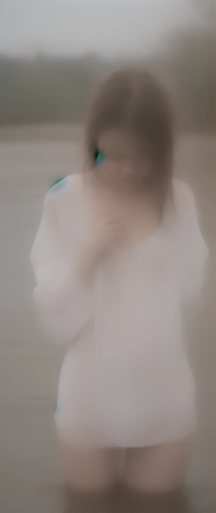 Wet white skin girl, Clothes attached to her Sad look Coming out of the water