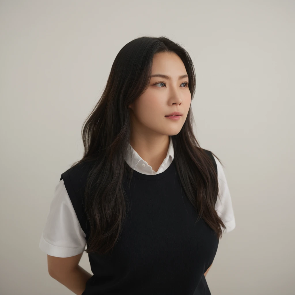 Best Quality, 8k, Masterpiece, (Portrait: 1.3), (photo realistic:1.4), (hyper realistic:1.4), Sharp Focus, looking at viewer, (smoother lighting:1.1), (increase cinematic lighting quality:0.9), realistic lighting, backlighting, light on face, ray trace, (brightening light:1.2), (Increase quality:1.4), sharp detail, (best quality real texture skin:1.4), finely detailed eyes, black_eyes, finely detailed face, 25 year old Korean woman, (white formal_shirt:1.4), (Create an image maintaining the original base model hairstyle:1.5)