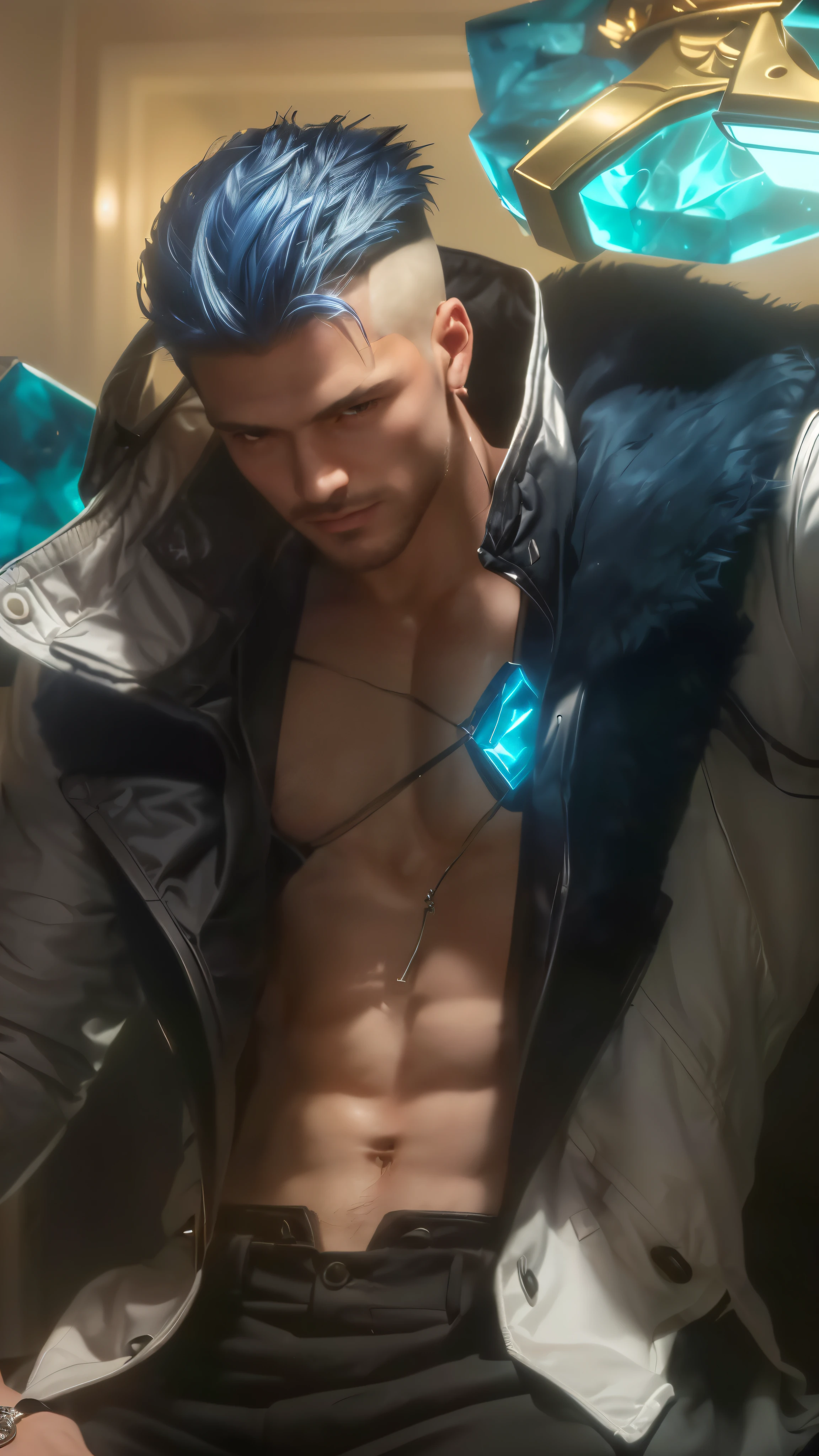 a man with silver hair and a white jacket, tane skin, sigma male, extremely detailed face and eyes, detailed nose, smile, highly detailed facial features, striking masculine features, strong jawline, intense gaze, serious expression, wearing a black suit, standing in a dark, moody room, dramatic studio lighting, cinematic composition, realistic, photorealistic, 8k, extremely detailed and sharp, muted color palette, chiaroscuro lighting