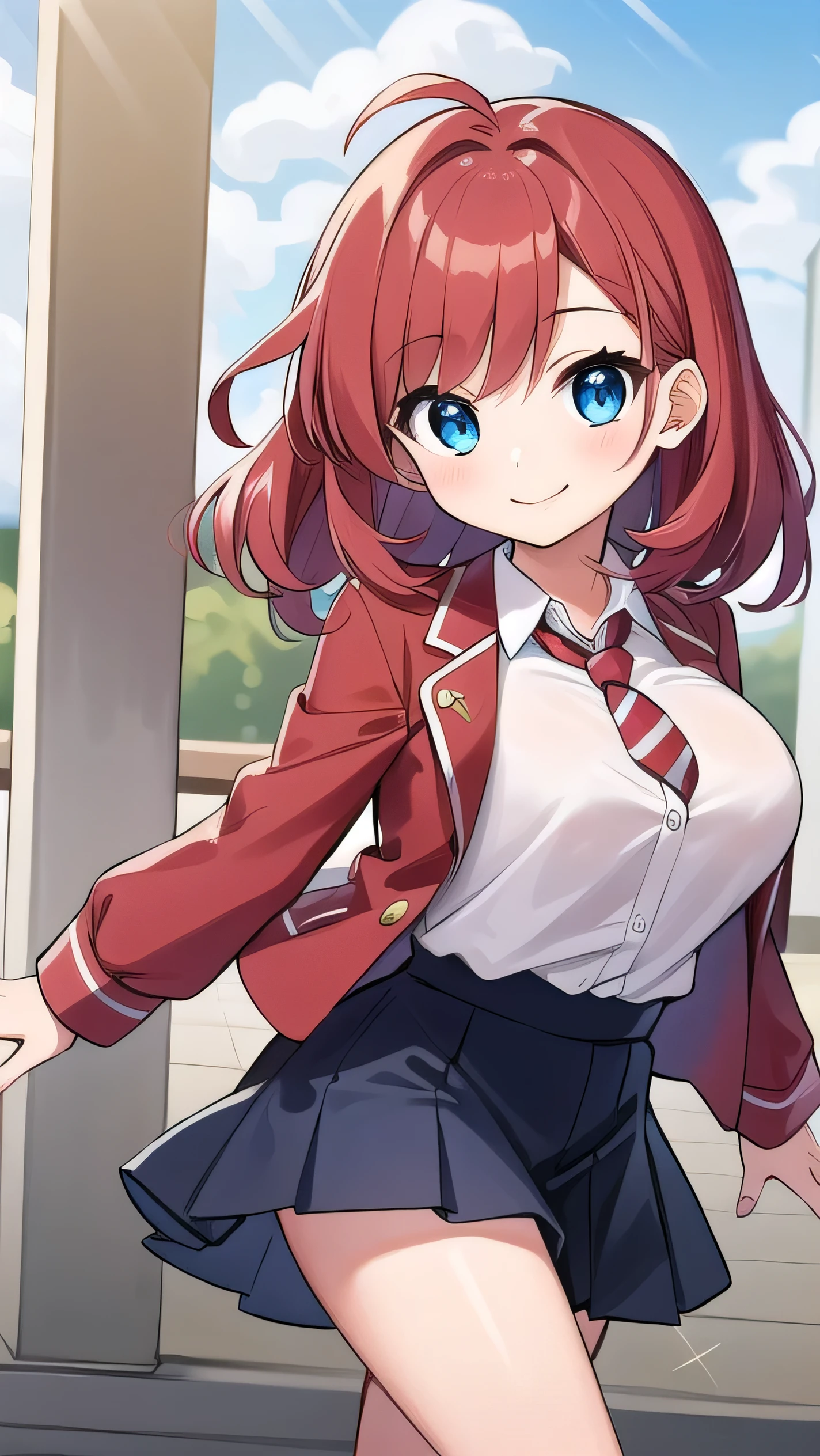 Big breasts, red hair, blue eyes, droopy eyes, red jacket, long sleeves, navy skirt, elementary school student, super big breasts, (medium hair: 1.2), baggy clothes, elementary school student, young face, short height, 10 years old, old, shy A shy guy, smiling a little, trying to open the buttons of his shirt, white shirt, red tie,straight hair , gentle smile, a little smile