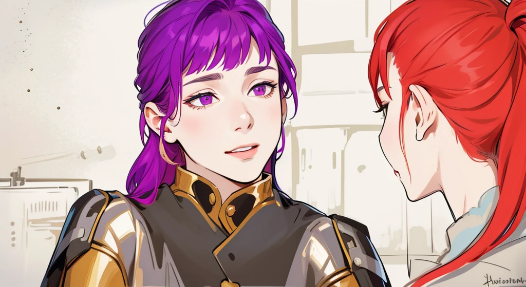He has a dark jacket with gold, pretty 17-year-old girl with violet hair, violet eyes, she is speaking with pride, pride and pride. In front of her there is a girl with red hair.