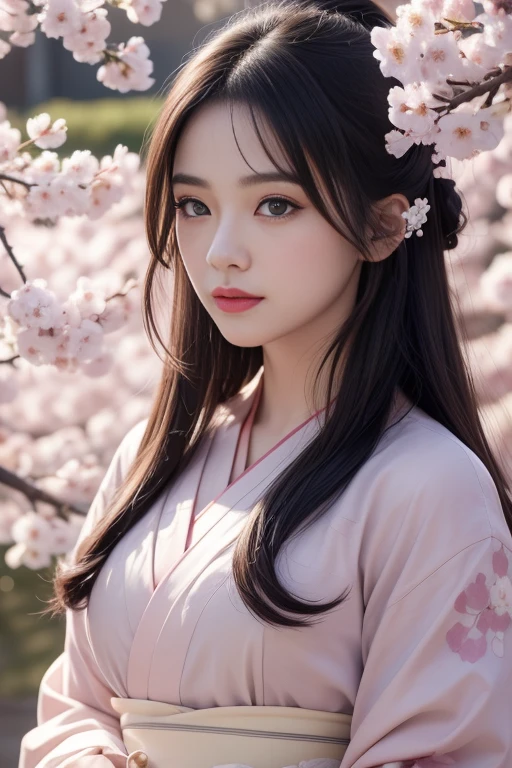 8K.A black-haired woman quietly looking up at the cherry blossom tree,Super Beauty(Like the real thing),A woman wearing a kimono with a cherry blossom pattern,She has her hair tied up、She is wearing a cherry blossom hairpin..,Beautiful expression,Messy, I am proud, Absurd, celebration, Cowboy Shot, Portraiture, (Highest quality), (Tabletop), (Very detailed), masterpiece,Highest qualityのフォトリアリスティックなRAW写真。Backlight, Cinema Lighting, Film Grain, to be born, 50mm lens, Nikon D850,Ultra-Realistic Skin,Fantasy art,Character Art,Ultra-high resolution,Muscular and lean build,Perfect hands,Compensate,Bust shot close-up,Pink Rouge,Many cherry blossom petals fluttering down,Great painting,My gaze is of cherry blossoms,Unreal，（（ghost））、（（zombie））、