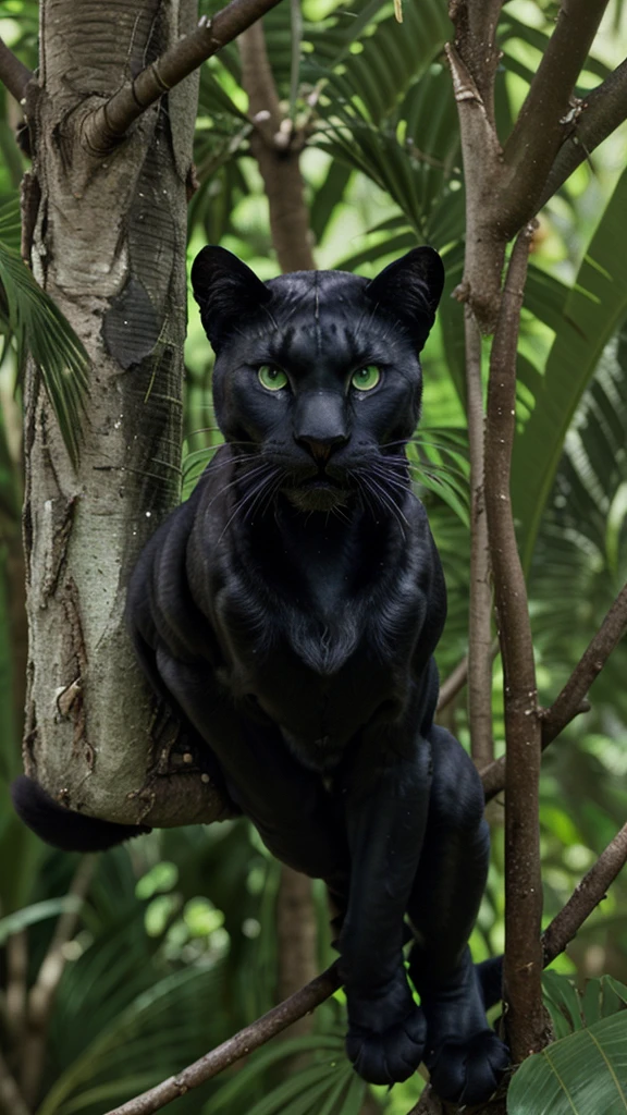 A black panther with green eyes , in a tree in a tropical jungle