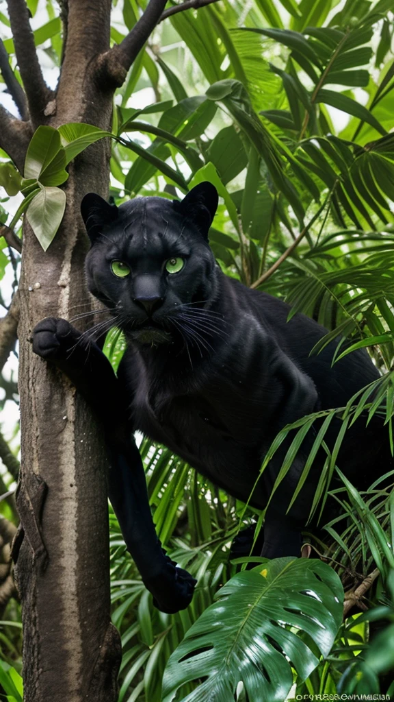 A black panther with green eyes , in a tree in a tropical jungle 