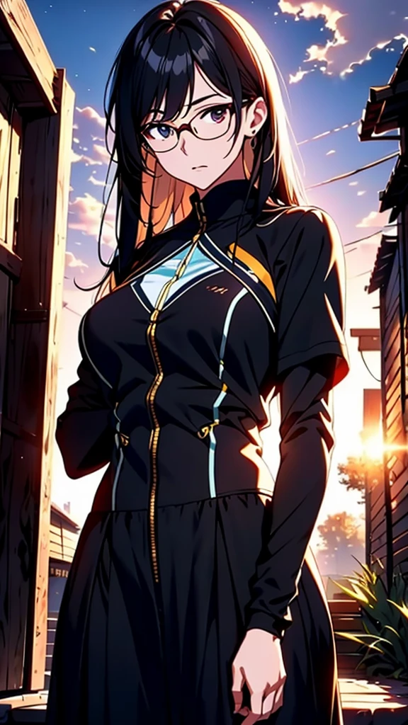 whole body, entire body, full body, total body, standing, upright stance, erect posture, simple background, anime style 4k, 20-years-old beautiful female, black rim glasses, wearing white headphones, black hair, Easy-to-move costume, midsummer fashion, date clothes, civilian clothes, intellectual atmosphere, knowledge, scholarship, enthusiasm, front of whole body, immersion, concentration, sense of accomplishment, cinematic lighting, masterpiece, top quality, 4K, academic atmosphere, (masterpiece), (best quality), ultra-high res, sharp focus