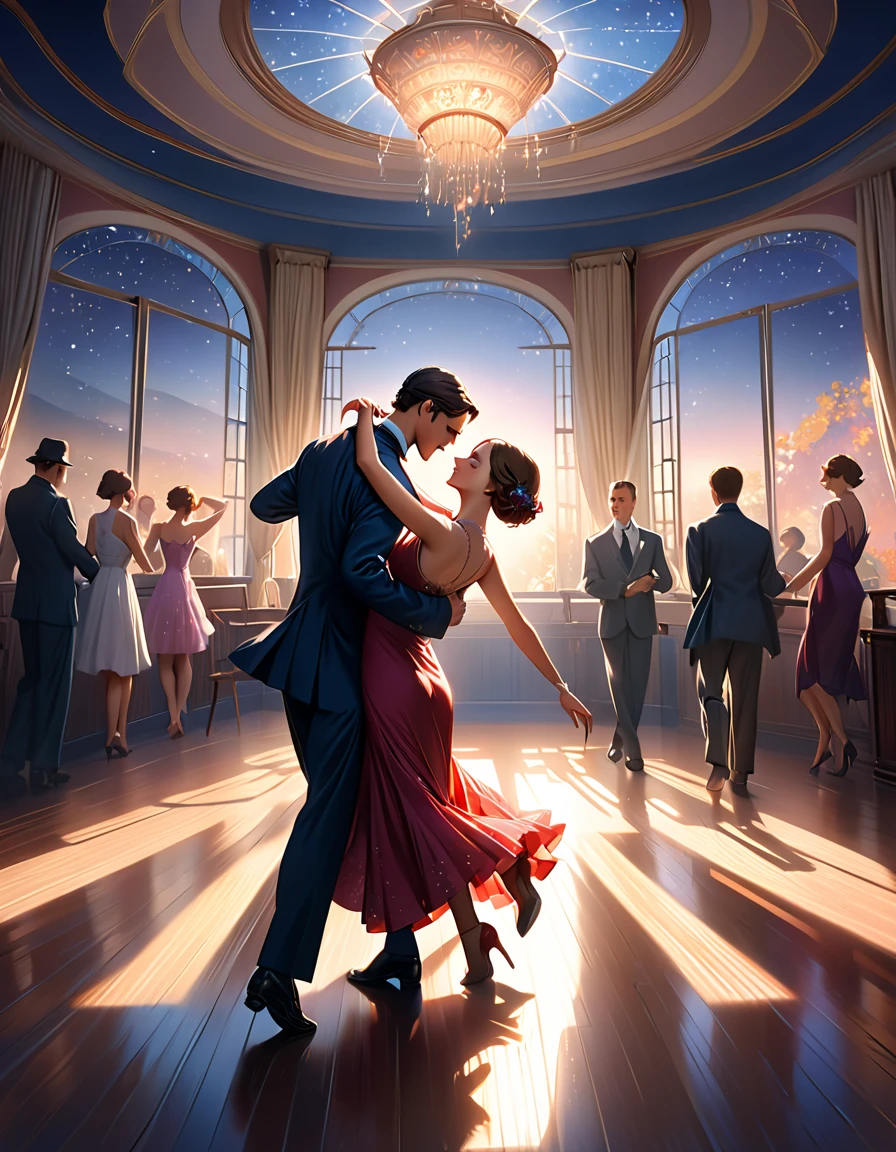 (best quality,8k,masterpiece:1.2),ultra-detailed,(realistic,photorealistic,photo-realistic:1.37),digital art, concept art, cinematic lighting, a man and woman dancing tango, art deco ballroom, 1920s, Outside the window is a balcony. a narrow French window with an arched top leads out to the balcony.,man facing forward, woman facing away from viewer, dancing the tango, woman is wearing a purple long dress with slit, small stars are shining in the dark blue sky, dimly lit room, and shadows are cast on the eye sockets, making it impossible to read their expressions, detailed  features, beautiful dress, formal attire, natural lighting, warm color palette,