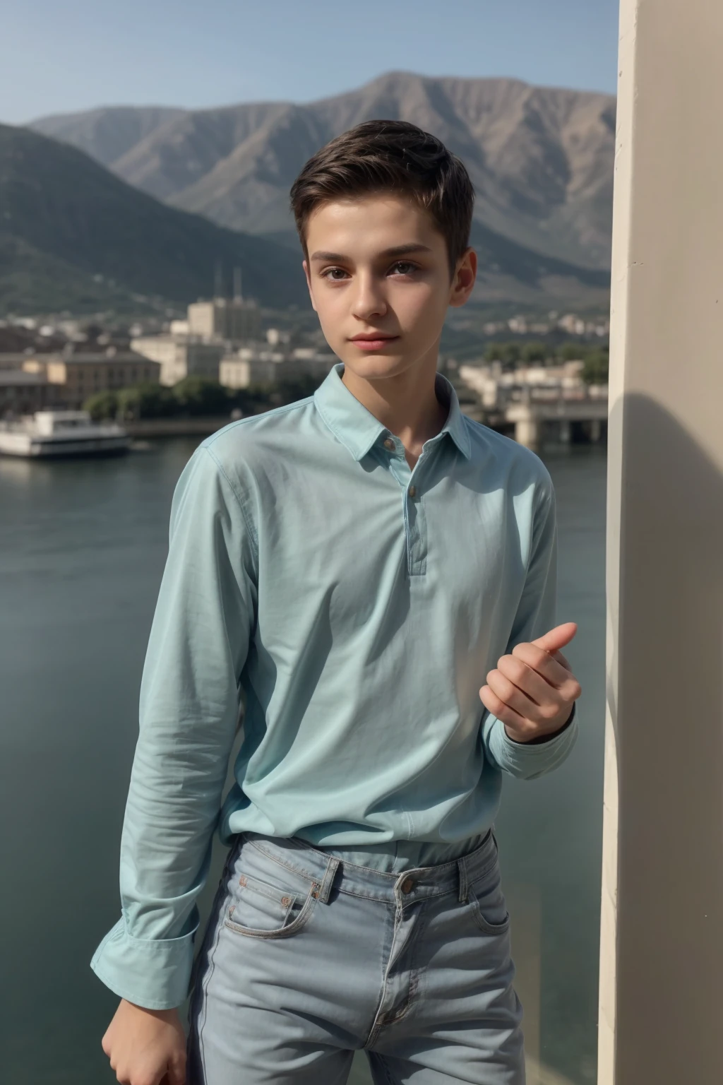 A young male twink, cute, beautiful, feminine, with a beautiful face with makeup, black hair, and his eyes have dark circles under them. He is wearing a long-sleeved aquamarine shirt and white jeans. He is in his graduation speech, speaking, and there is a beautiful view behind him, and he is looking proudly.