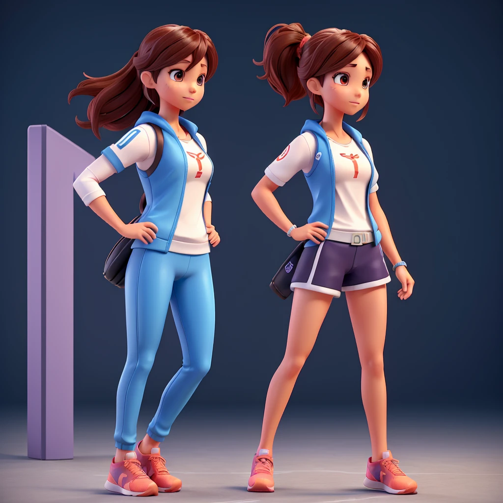 A model of full body 3d avatar of a 3 beautiful sports woman game character wearing 3 different outfits and runner shoes techno. Anime, best quality