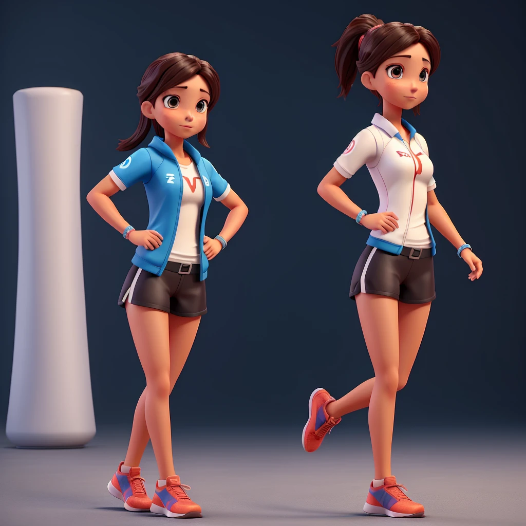 A model of full body 3d avatar of a 3 beautiful sports woman game character wearing 3 different outfits and runner shoes techno. Anime, best quality