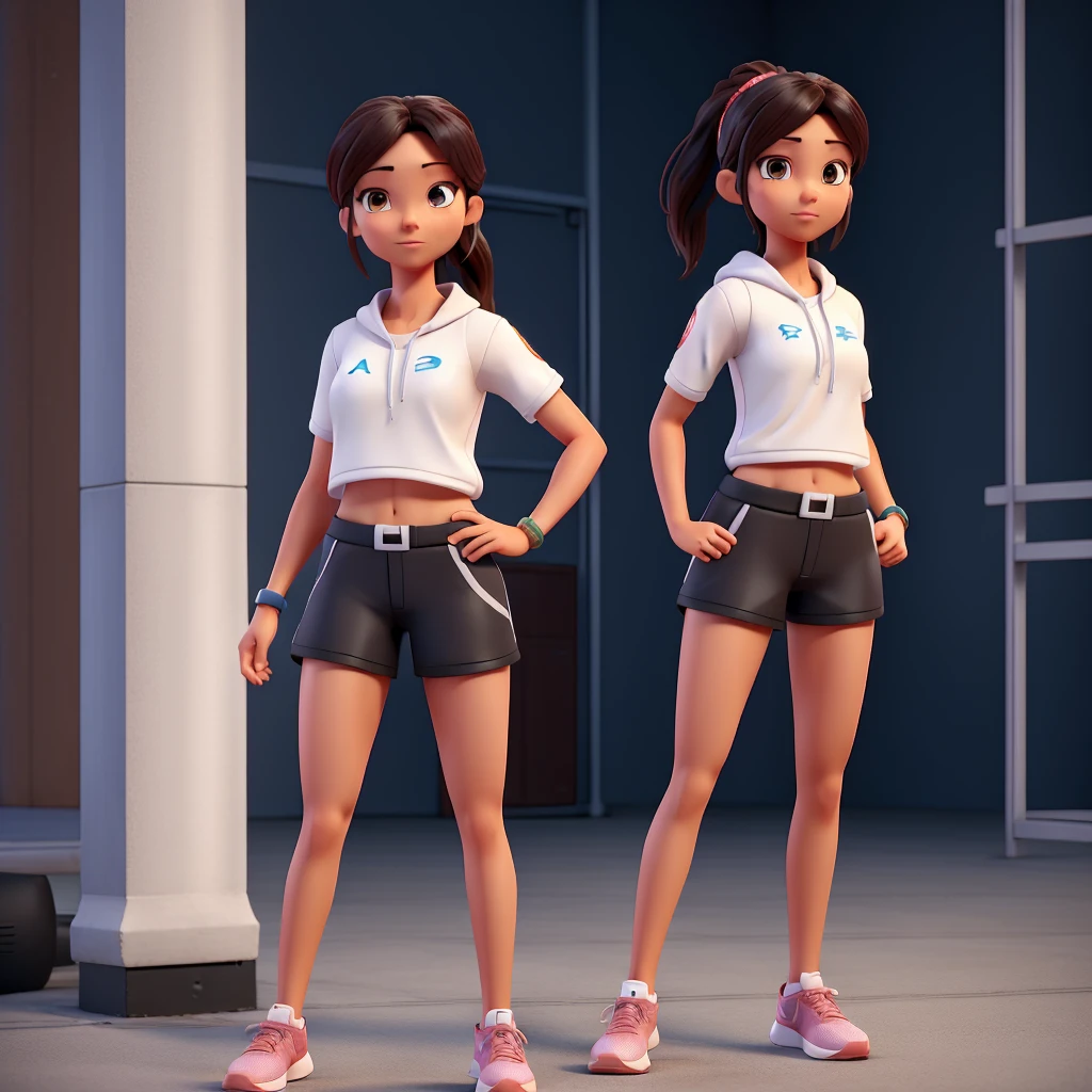 A model of full body 3d avatar of a 3 beautiful sports woman game character wearing 3 different outfits and runner shoes techno. Anime, best quality