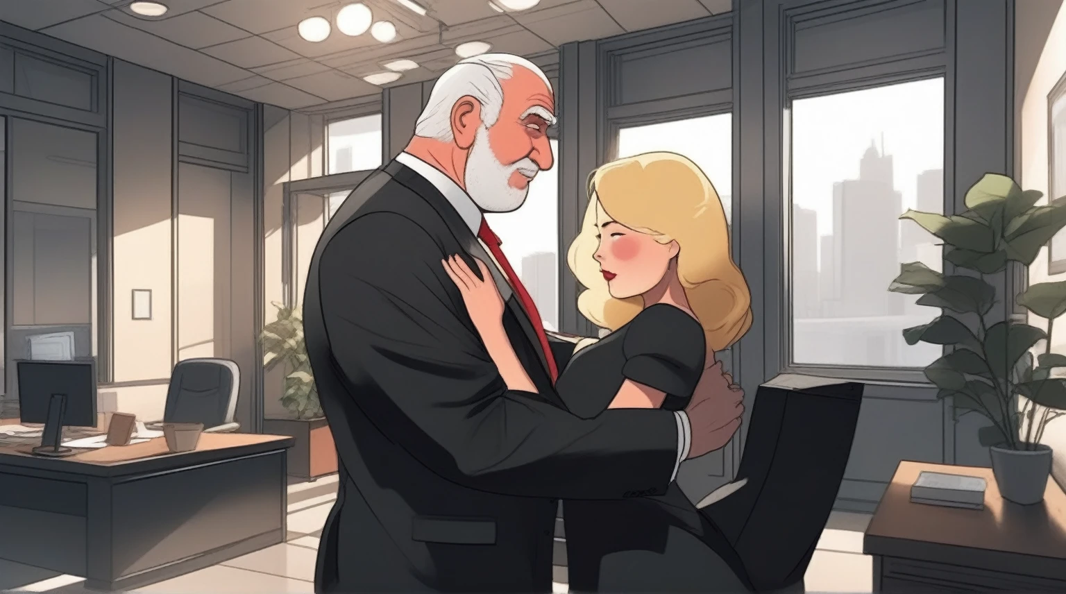children's picture books,crayon paintings, blushes, 1 old man, fat, mafia boss, in black suite, red tie, side view, dancing with his blond wife, black dress in the office