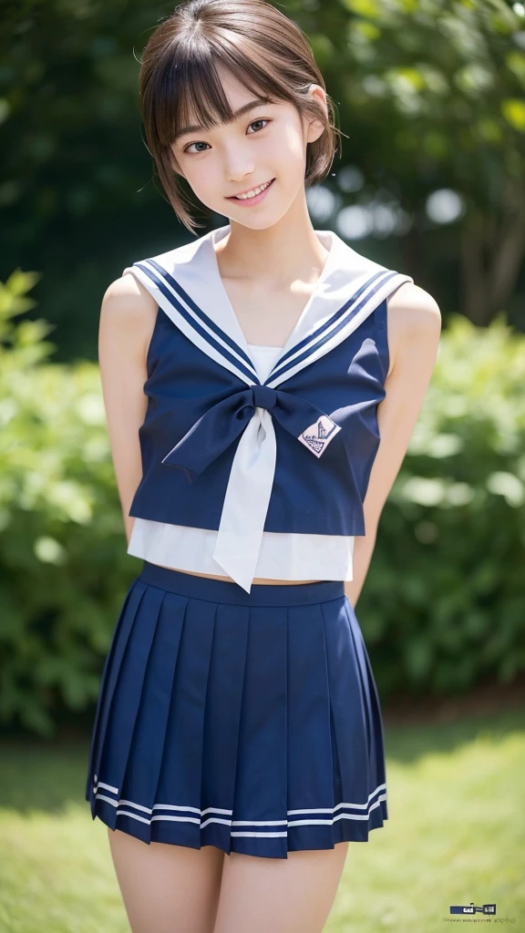 ((((((17 years old))))))、(((A charming face)))、(((Young face)))、(((beautiful girl)))、(((A beautiful woman)))、Beautiful woman、Cute woman、((Innocent face))、((Smile))、((Ultra-detailed face))、((Detailed lips))、((Detailed eyes))、((double eyelid))、(((Beautiful Face)))、(((Beautiful, well-shaped eyes)))、(((Beautiful, well-shaped lips)))、Very Short Hair、ponytail、Pixie cut、BREAK、BREAK、(((Wearing a sailor uniform)))、BREAK、8 heads、(((slender)))、(((Slim body)))、(((Thin body)))、(((Slim woman)))、(Flat Chest:1.5)、BREAK、Photographic quality、Natural light、(フォトRealistic:1.4)、(Highest quality:1.2)、(Ultra-high resolution:1.2)、8K、RAW Photos、Realistic、High Detail、Film Grain、Detail Skin、Symmetrical、Delicate skin、Real human skin、pores、Super detailed、Detailed、(masterpiece : 1.2)、Thin face、Sharp Face、Small Face、Small face、Narrow shoulders、Small shoulders、Small shoulders幅、Slim shoulders、Narrow shoulders幅、Beautiful Japanese Woman、Beautiful Korean Woman、Slim womanモデル、Young Gravure Idol、Realistic young gravure idol、Young Sensual Gravure Idol、Young Pretty Gravure Idol、Japanese Model、Young Gravure Idol、((From the knee up)) 、(arms behind back:1.3)