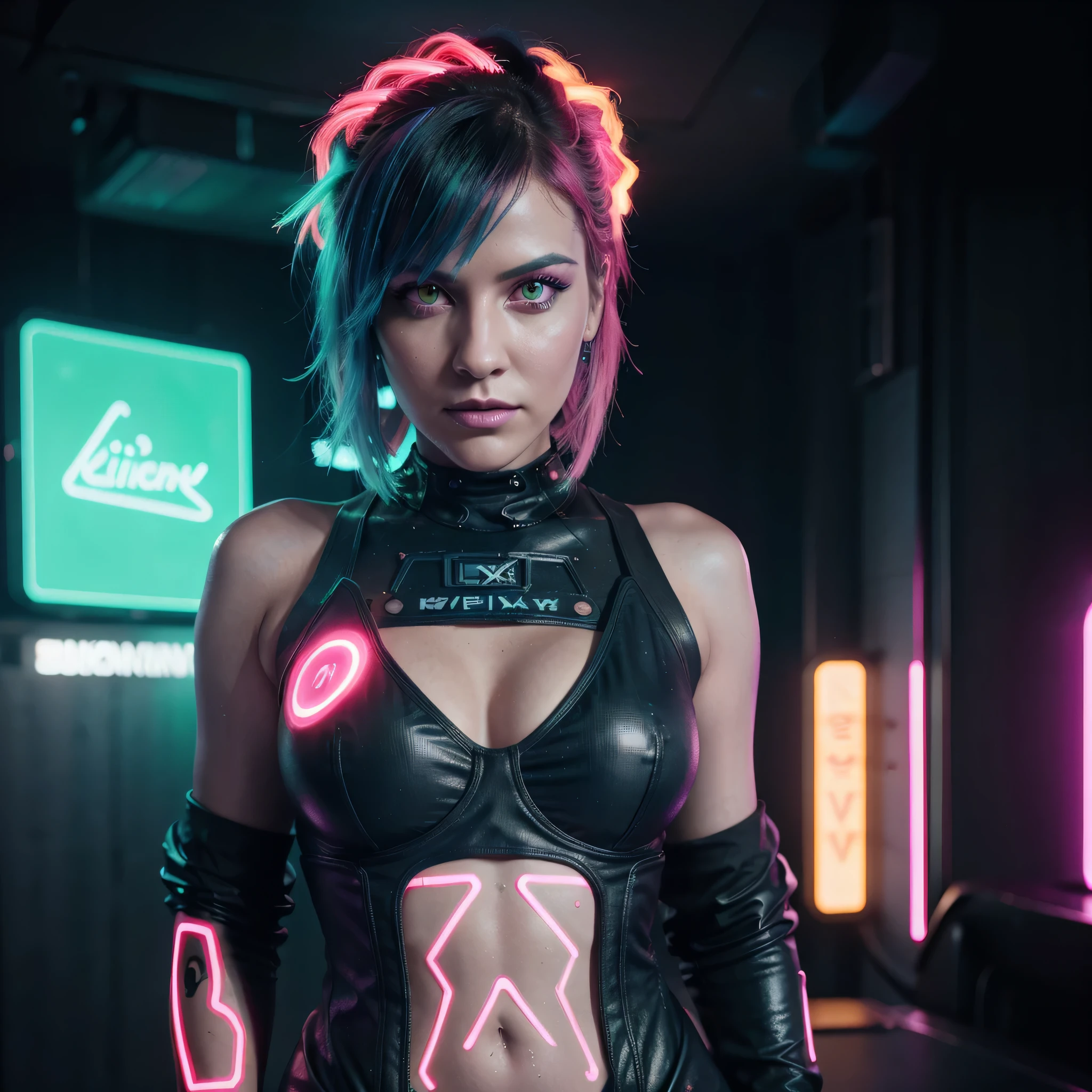 best quality, 8k,highres,masterpiece:1.2,ultra-detailed,realistic:1.37,physically-based rendering,professional,vivid colors,studio lighting,sharp focus,bokeh,portraits,photography,concept artists,blue tone lighting,long smooth hair,electroluminescent lines,cyberpunk neon signs,reflective surfaces,glowing eyes, cinematic film still closeup,fantasy,beautiful neon green and black photograph of a woman with blue hair and makeup, (ohwx woman:1.3) blacklight aesthetic, girl aesthetic, aesthetic cyberpunk, cyber aesthetic, aesthetic!!!!!!!! analogue RAW DSLR photograph, photorealistic, looking at viewer, closeup portrait, 1 girl, smiling, Tron scifi cyberpunk background, neon, ((sexy neon dress)), short hair, large breast, neon hair, glowing dress, synthwave aesthetic, cyberpunk vibes, dark neon punk, aesthetic, cyberpunk vibe, neon green and pink neon, fantasy aesthetic!, girl screamin yolo - aesthetic, ultraviolet and neon colors, cyberpunk fashion,cyberpunk makeup,emitting light,subtle shadows,complex background,cityscape,glowing holograms,futuristic atmosphere,,expressive face,dynamic pose,fierce expression,captivating gaze,detailed fingers and nails,digital effects,neon glow,fluid movements,confident stance,interesting angles,striking visual,mesmerizing presence,brilliant colors,high-tech setting,techie accessories,impressive visual (glowing pink eyes:1.2),