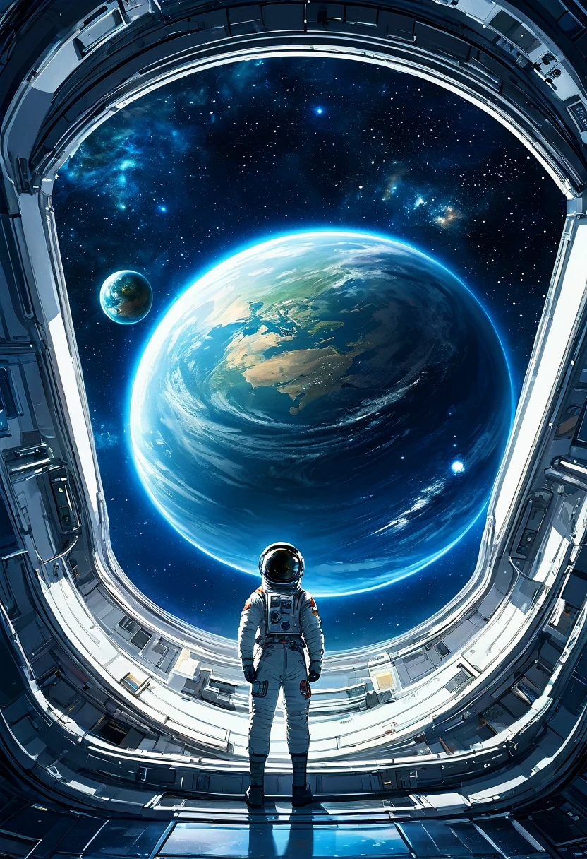 A man standing inside a space station looking out a window, Outside, there is a starry sky and a planet that looks just like Earth.., Background Space Station, Background details