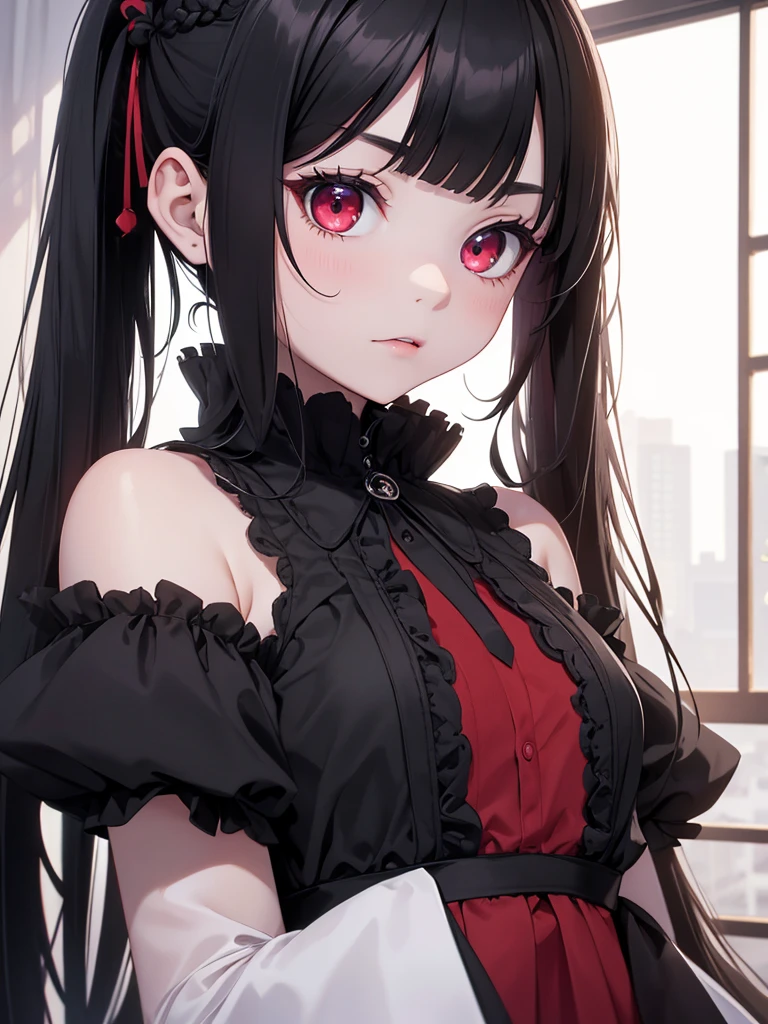 (8K, Best Quality, Masterpiece, Ultra High Resolution) 1 Young Girl, , , Beautiful Eyes, Face Details, Black Hair, Pigtail Braids, Hair Bangs, Red Eyes, Pale Skin, Vampire, Blood Dripping from Lip, Short Formal Dress, Cute Black Dress, Dimly Lit Japanese House, Masterpiece, Best Quality, Upper Body, Looking at the Viewer, Close Up