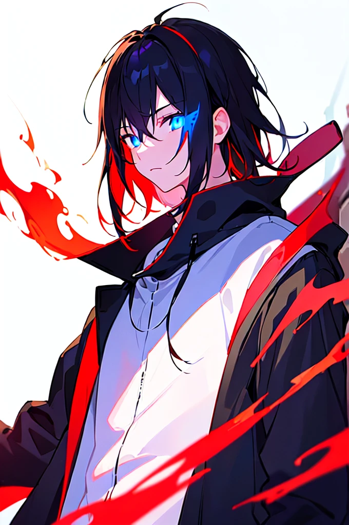[(RED BACKGROUND:1.5),::5], ((((masterpiece)))), high quality, ultra very high resolution, full color, (((solo))), ((little boy)), black hair, ((red streaked hair)), blue eyes, anime, ((upper body)), neon light, black parka, (flame effect:1.2), (blood effect:1.5)