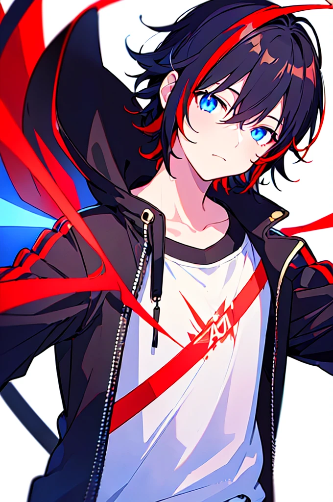 [(WHITE BACKGROUND:1.5),::5], ((((masterpiece)))), high quality, ultra very high resolution, full color, (((solo))), ((little boy)), black hair, ((red streaked hair)), blue eyes, anime, ((upper body)), neon light, black parka, (flame effect:1.2)