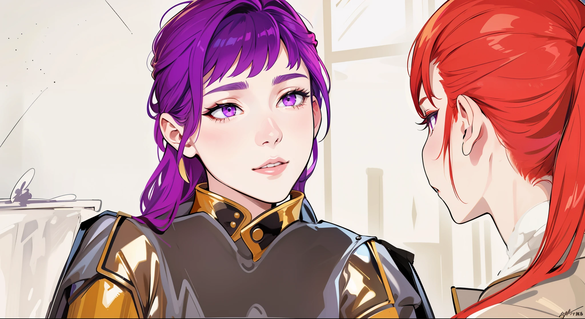 He has a dark jacket with gold, pretty 17-year-old girl with violet hair, violet eyes, she is speaking with pride, pride and pride. In front of her there is a girl with red hair.
