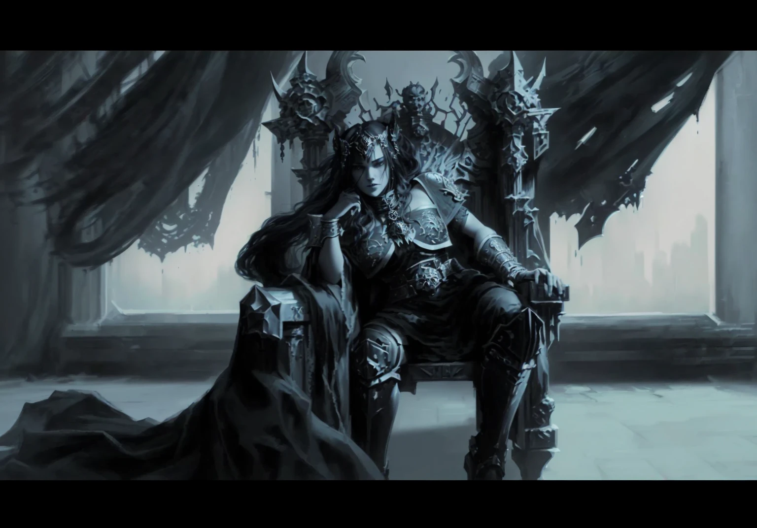 There sits a woman on a throne, on which a demon sits, fan art, warhammer 4 0 k fantasy, in style of Dark Fantasy Art, dunkle Fantasy-Illustration, Sitting on Obsidian Throne, Dark fantasy style art, in a throne room, Darksiders art style, on an icy throne, Dark Fantasy Art, Darksiders-Stil, gothic fantasy art