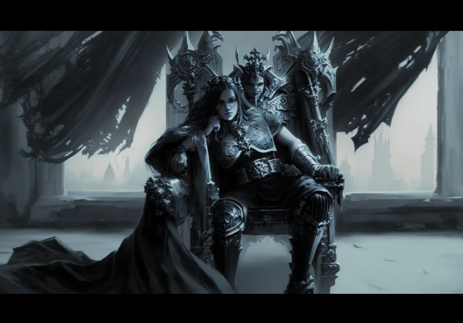 There sits a woman on a throne, on which a demon sits, fan art, warhammer 4 0 k fantasy, in style of Dark Fantasy Art, dunkle Fantasy-Illustration, Sitting on Obsidian Throne, Dark fantasy style art, in a throne room, Darksiders art style, on an icy throne, Dark Fantasy Art, Darksiders-Stil, gothic fantasy art