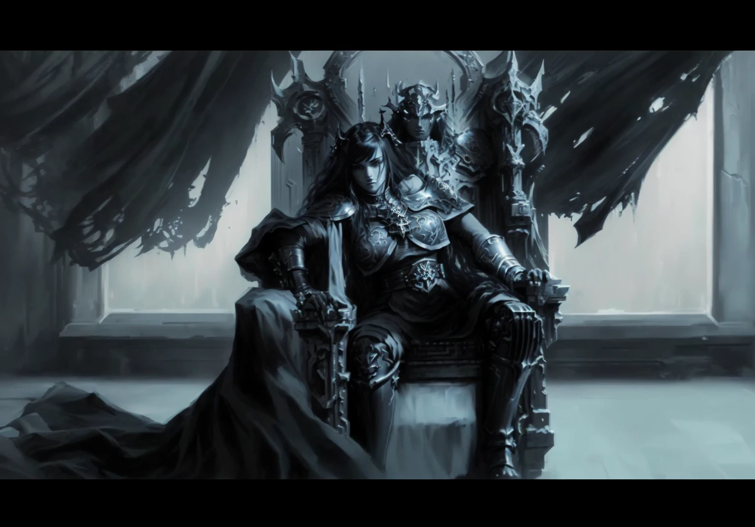 There sits a woman on a throne, on which a demon sits, fan art, warhammer 4 0 k fantasy, in style of Dark Fantasy Art, dunkle Fantasy-Illustration, Sitting on Obsidian Throne, Dark fantasy style art, in a throne room, Darksiders art style, on an icy throne, Dark Fantasy Art, Darksiders-Stil, gothic fantasy art