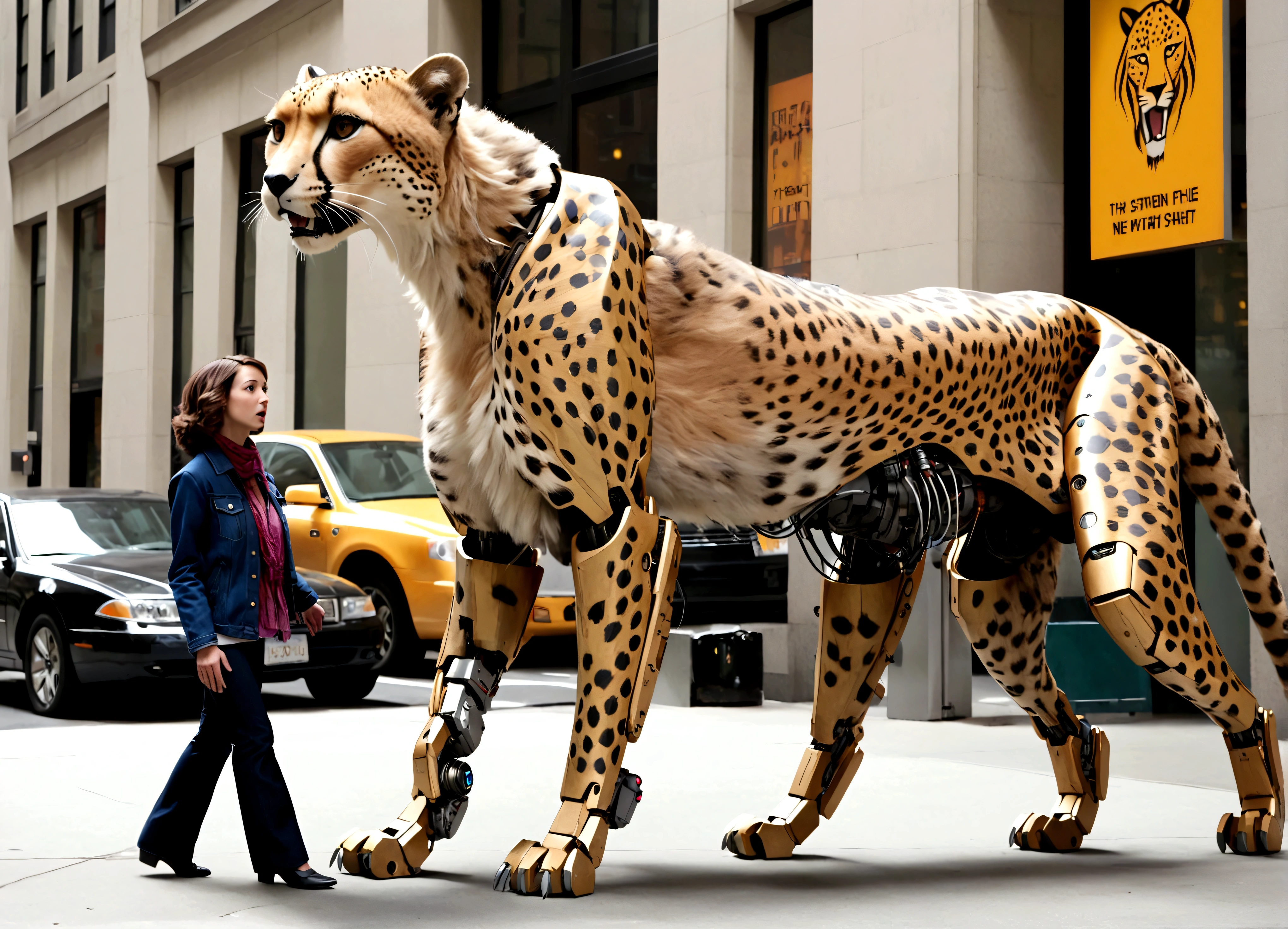 A transformer in humanoid robot mode with Cheetah motif (its beast mode is a Cheetah) is talking to a startled woman, downtown new York