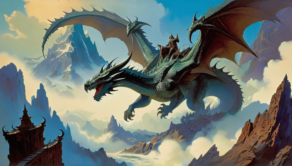 Capture the majestic scene of a rugged mountain looming in the distance, crowned with swirling mist and jagged peaks, while a powerful dragon soars through the sky above. The artwork should evoke the iconic fantasy style of Frank Frazetta, emphasizing both the awe-inspiring grandeur of the landscape and the dynamic presence of the dragon in flight