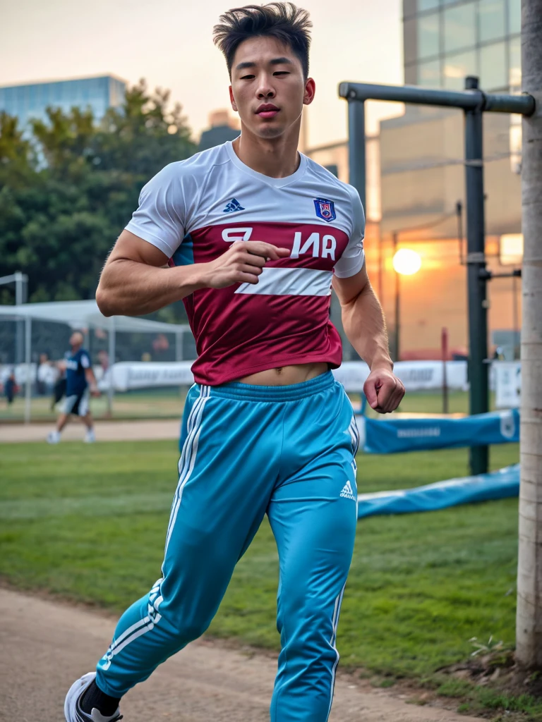 a young korean boy, 20 years old, wearing a shirt and pants, dynamic movement pose, (best quality,4k,8k,highres,masterpiece:1.2),ultra-detailed,(realistic,photorealistic,photo-realistic:1.37),HDR,UHD,rim lighting,ultra-fine painting,sharp focus,physically-based rendering,extreme detail description,professional,soft colors,bokeh,portrait,photography,sport shoes