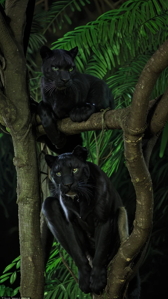 A black panther and green eyes in a tree at night in the rainforest