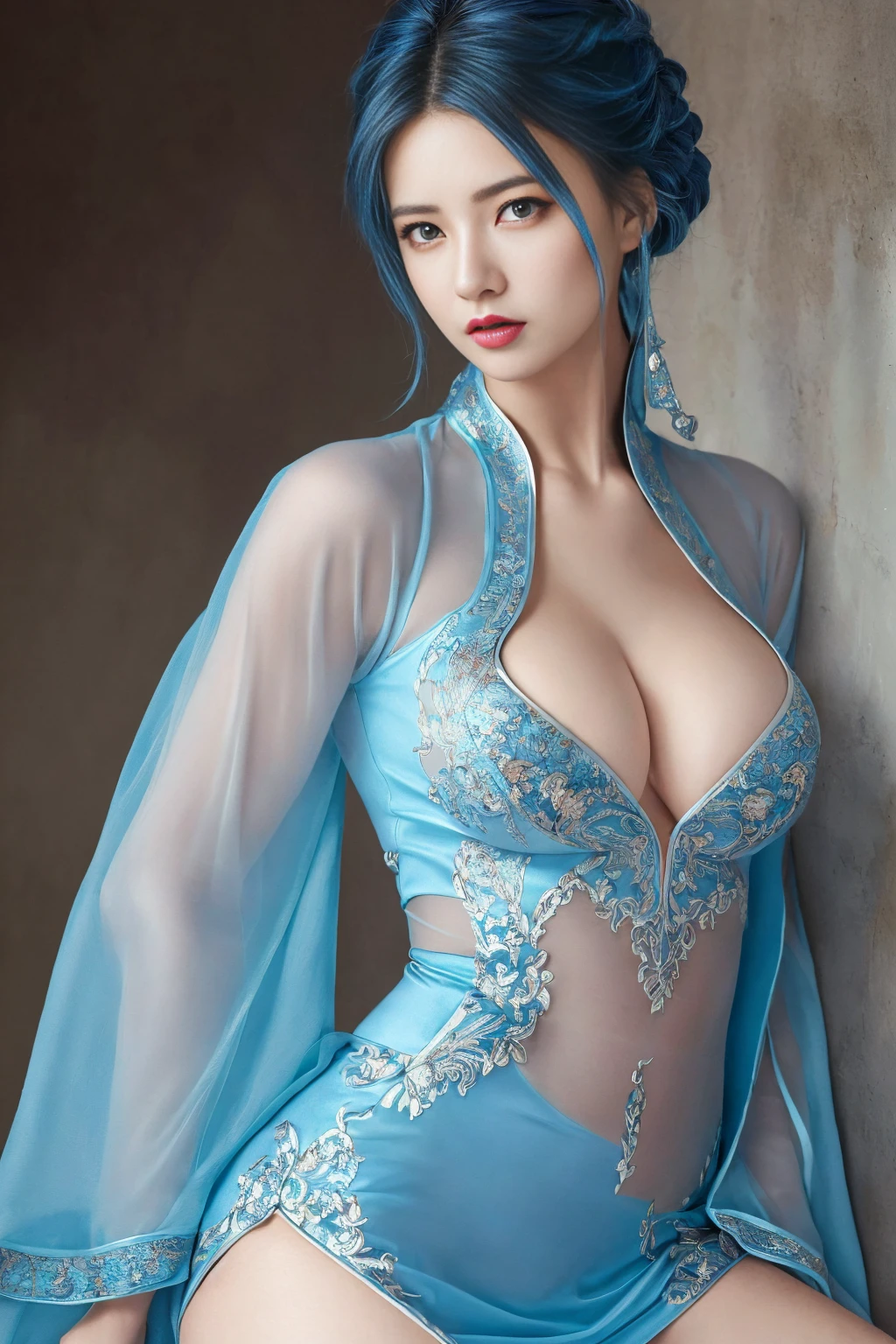 (Hyperrealistic), (illustration), (high resolution), (8K), (Extremely detailed), (Best Illustration), (Beautiful detailed eyes), (Best quality), (Ultra-detailed), (Masterpiece), (the wallpaper), (Photorealistic), (Natural light), (rim lit), (Detailed face), (Highly detailed realistic skin textures), (Anatomically correct), (Solo), (1 girl), (high detailed realistic hair), (Blue hair:1.2), spiked hair, (Heterochromic eyes), (detailed green eyes), (Small moles under the eyes), (Realistic big breasts:1.5), ( breasts:1.3), (Long legs), (Slender abs), (Dynamic pose), (Closed mouth:1.3), (traditional Hanfu attire), (Sheer clothes:1.5), ,