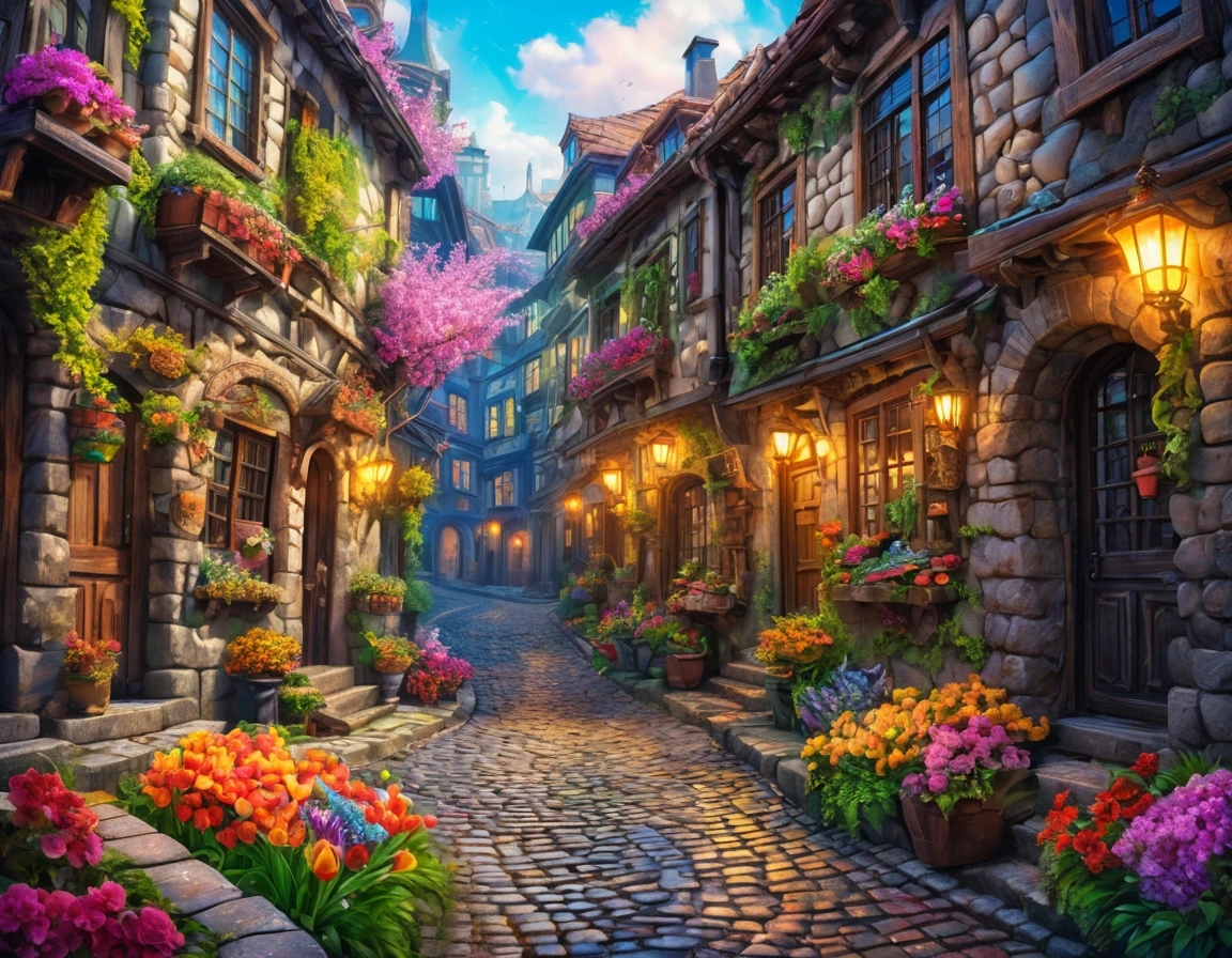 8K, 超High resolution, High resolution, Cinematic, Cinematic image, Intricate details, Realistic, photograph,

Fantasy art style, Mysterious, Cobblestone streets winding between the buildings. spring. Flowers.

Vibrant Style, Flowing and intermingling colors. Airbrush painting.

