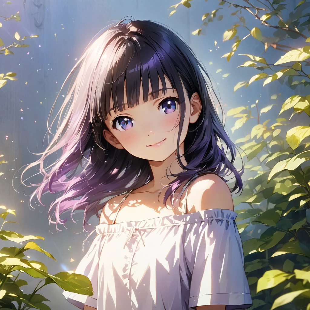 (Cute a girl:1.5), (Off-the-shoulder T-shirts, sarouel pants:1.1),(masterpiece:1.3), anime visual,  (Lovey-dovey:1.5), (tilt head:1.3), extremely delicate face, realistic lighting and shading, (an extremely delicate and beautiful art:1.3),,smiling,pale purple wavy and blunt bangs hair,green and black eyes,smiling,from front,fullbody shot,full body shot,