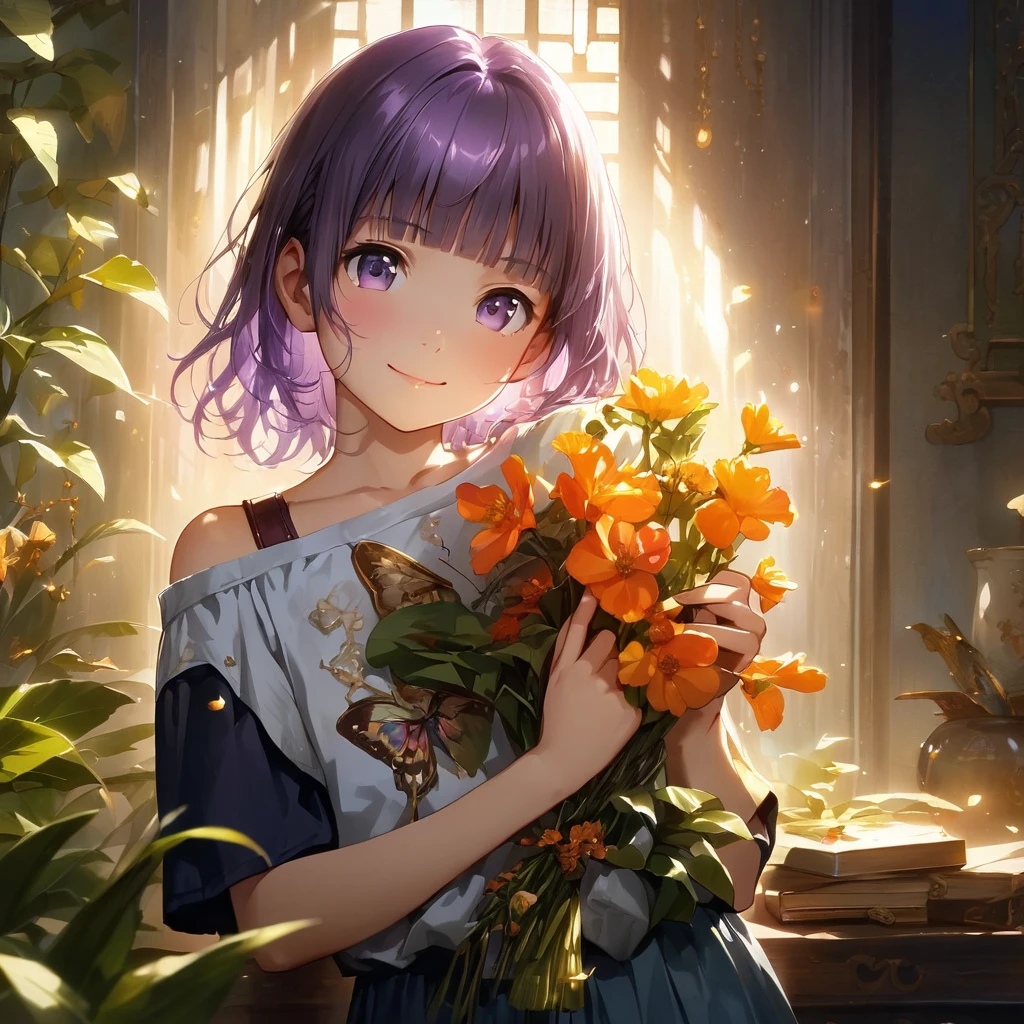 (Cute a girl:1.5), (Off-the-shoulder T-shirts, sarouel pants:1.1),(masterpiece:1.3), anime visual, (Lovey-dovey:1.5), (tilt head:1.3), extremely delicate face, realistic lighting and shading, (an extremely delicate and beautiful art:1.3),15 years old,smiling,pale purple wavy and blunt bangs hair,green and black eyes,smiling,from front,fullbody shot,full body shot,
