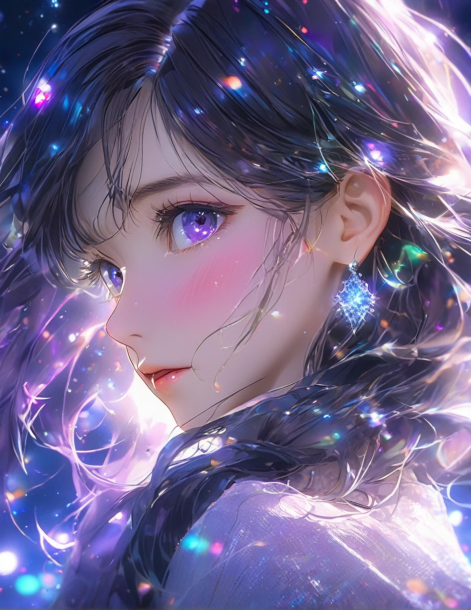 A girl in a with a side face focus, beautiful detailed eyes, beautiful detailed lips, extremely detailed face, long eyelashes, looking at the night sky, crystal purple eyes, cute expression, dreamy light, sparkle few lights, upper body, night scene, side looking, (best quality,4k,8k,highres,masterpiece:1.2),ultra-detailed,(realistic,photorealistic,photo-realistic:1.37),HDR,UHD,studio lighting,ultra-fine painting,sharp focus,physically-based rendering,extreme detail description,professional,vivid colors,bokeh,portraits,anime,photography,fantasy,dramatic lighting,soft colors