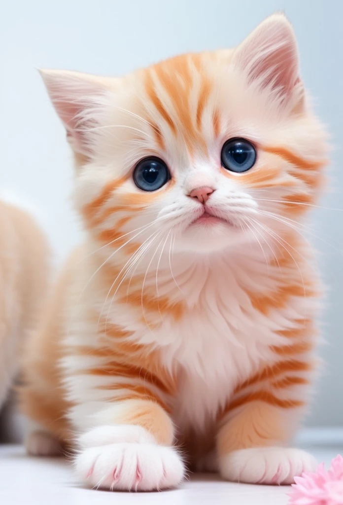 there is a small orange kitten sitting on a white surface, a cute cat, an adorable kitten, cute cat, the cutest kitten ever, cute and adorable, with cute doting eyes, cute kitten, adorable eyes, cute cat photo, cute and lovely, kawaii cat, beautiful and cute, lovely and cute, cute colorful adorable, huge adorable eyes, cute adorable